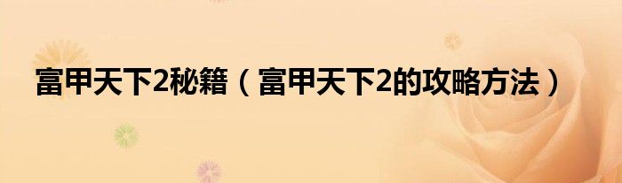 富甲天下2秘籍（富甲天下2的攻略方法）