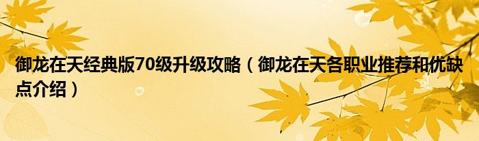 御龙在天经典版70级升级攻略（御龙在天各职业推荐和优缺点介绍）